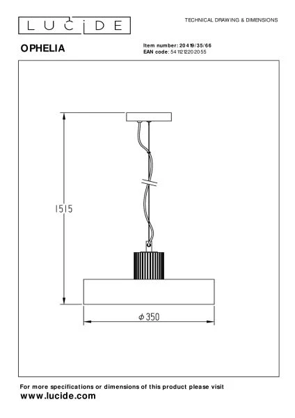 Lucide OPHELIA - Hanglamp - Ø 35 cm - 1xE27 - Roze - technisch